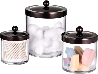 SheeChung 3-Pack Plastic Apothecary Jars with Bronze Metal Lids - Large 50oz, 25oz & 15oz Clear Acrylic Storage Set - Shatterproof Bathroom Vanity & Kitchen Organizer - Modern Farmhouse Rustic Decor