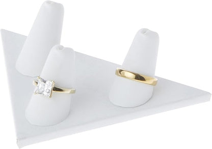 Plymor White Faux Leather Ring Finger Display, Three on Triangular Base, 5" W x 3.25" D x 1.625" H