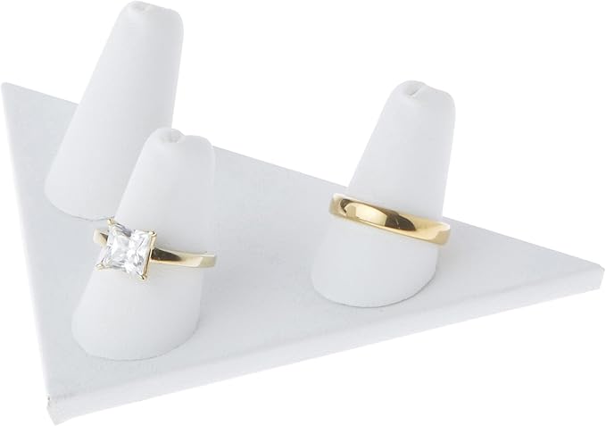 Plymor White Faux Leather Ring Finger Display, Three on Triangular Base, 5" W x 3.25" D x 1.625" H (Pack of 3)