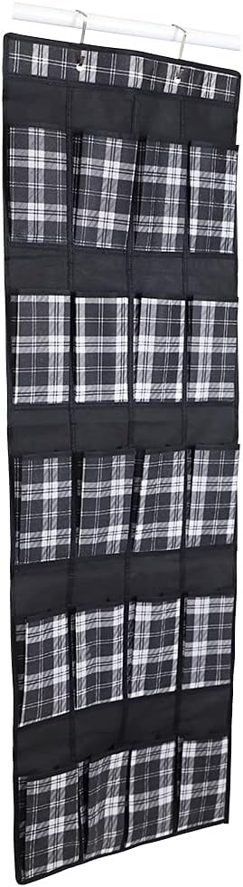 Home Basics Breathable Non-Woven Fabric Home Storage & Organization | Plaid Design in White Black & Grey | Sturdy Fiberboard Construction | (20 Pocket Over the Door Shoe Organizer)