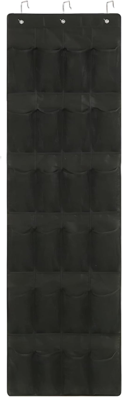 Shoe Hanger for Door, 24 Mesh Pocket Over the Door Organizer, Space Saving Hanging Storage Holder (64x19 Inch, Black)