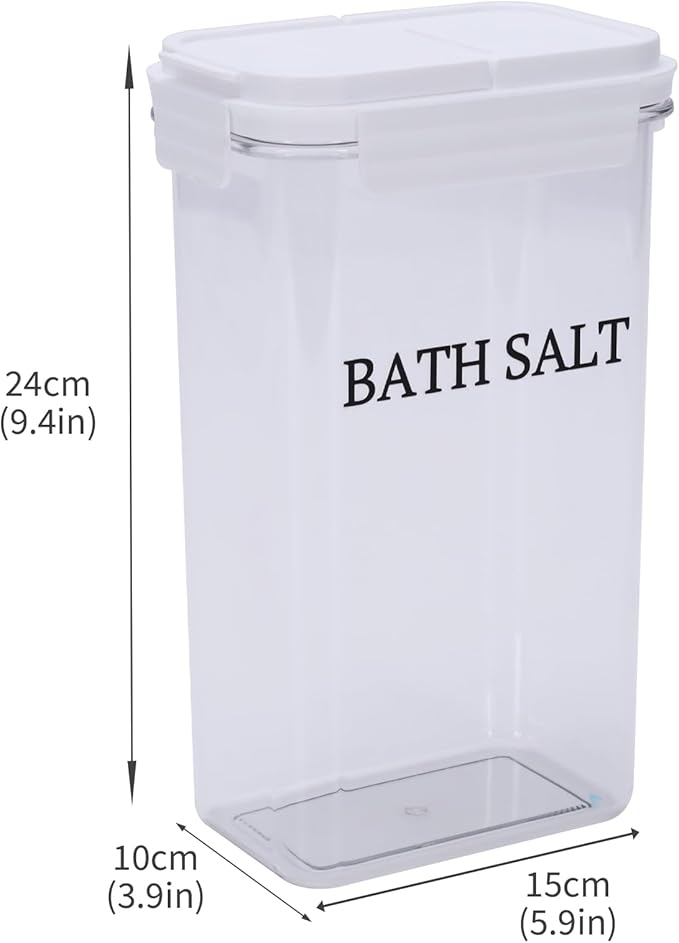 Bath Salt Jar, 78 oz Plastic Bath Salt Container with Scoop, Airtight Storage with Locking Lids, Stackable Clear Canister for Epsom Salt, Bathtub Accessories