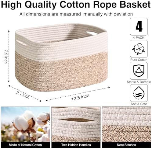 ICERZCZ Storage Baskets for Shelves, Woven Storage Basket, Bins for Cube Storage, Cotton Rope Basket with Handles for Toy, Book, and Clothes Living Room, (4 Packs) Off White & Brown - Image 3