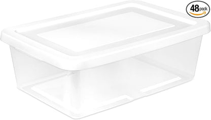 Sterilite 48 Pack Storage Box, 12 Quart Stackable Tote, Clear Plastic Container with Secure Snapping Lids for Home and Office Organization, White