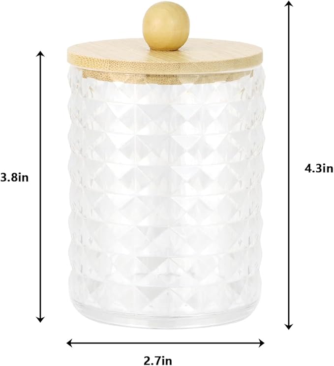 DAPOWER 2 Pack Qtip Holder Bathroom Storage Canister for Cotton Ball Cotton Swab Pads Floss, Small Plastic Jars with Lids (Clear & Bamboo Lid, 2 Pack)