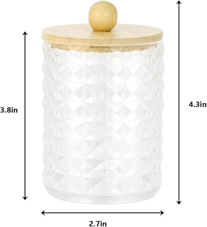 DAPOWER 2 Pack Qtip Holder Bathroom Storage Canister for Cotton Ball Cotton Swab Pads Floss, Small Plastic Jars with Lids (Clear & Bamboo Lid, 2 Pack)