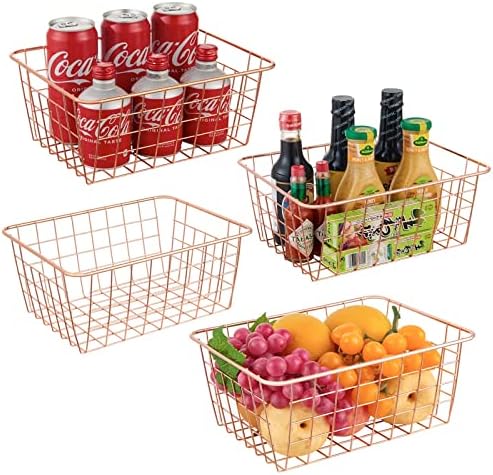 JUNCHU CHERRY Wire Kitchen Storage Basket 4 Packs,Perfect Pantry Organization Accessories Baskets,Laundry Basket,Countertop Organization,Suitable for Kitchen,Bathroom,Bedroom,Tabletop,Rose gold by JUNCHUCHERRY