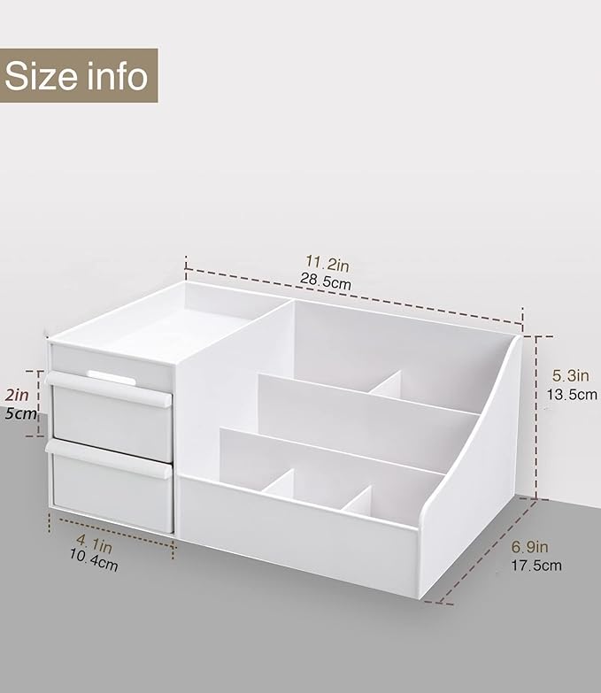 Makeup Desk Organizer with Drawers, Countertop Organizer for Cosmetics, Vanity Holder for Lipstick, Brushes, Lotions, Eyeshadow, Nail Polish and Jewelry (White)