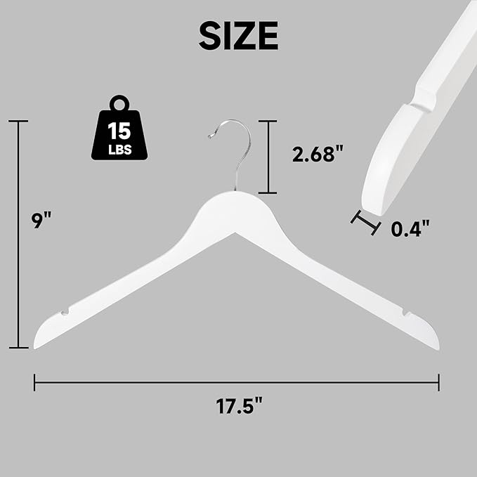 Premium Wooden Top Hangers, Heavy Duty Solid Wood Suit Hangers with 360° Swivel Hook & Anti-Slip Notches, Durable Clothes Hangers for Jackets, Coats, Shirts & Dresses(White/72-Pack)