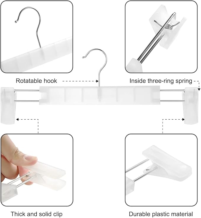 GUANJUNE Clothes Pants Hangers, Space-Saving Skirt Holders with 360 ° Swivel Hooks, Adjustable Clips, Trouser Hangers, Clothes Coat Garment Jeans Hangers (20 Pack, Transparent)
