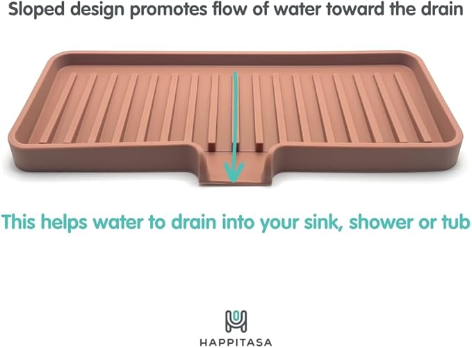 Silicone Soap Dish Tray and Sponge Holder with Drain Chute, Rectangular, Kitchen and Bathroom Sink Organizer (Mocha, 9"x3.5")