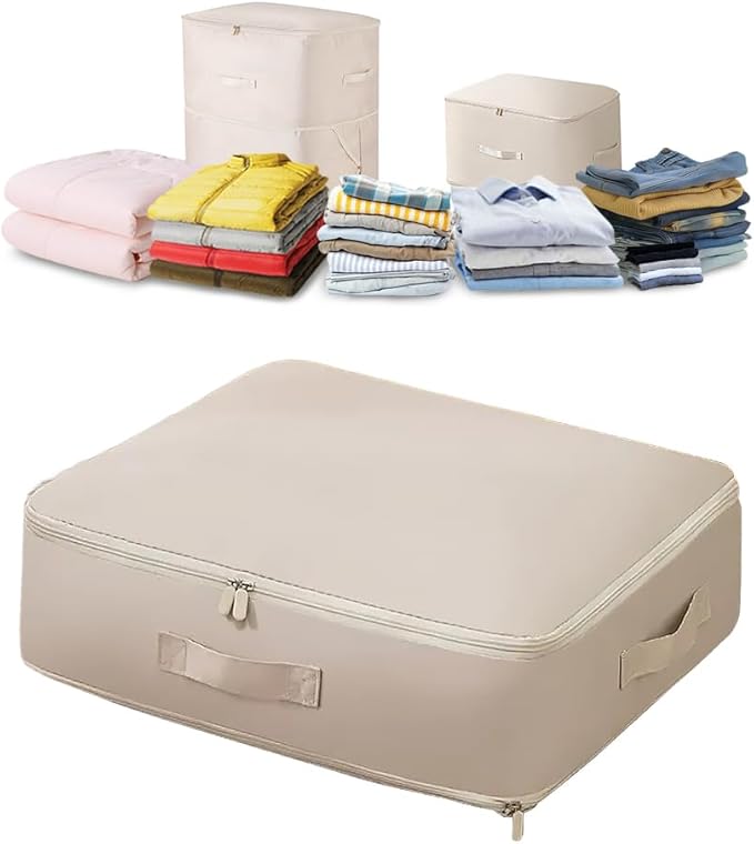 Ultra Space Saving Self Compression Organizer, Blanket Storage, Space-Saving Storage Bag, High-End Quilt Packaging Cube Bedding Storage Bag (Beige, L (54 * 42 * 30CM))