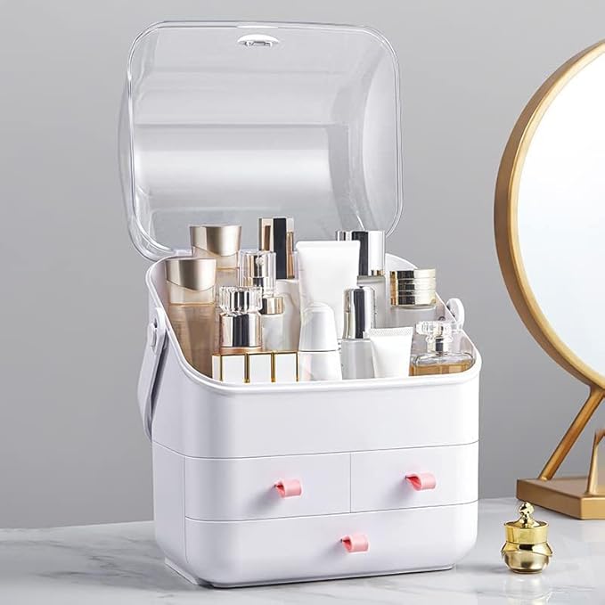 LINFIDITE Cosmetic Storage Box with Lid Makeup Organizer Box with Dust Free Cover Portable Handle,Large Makeup Display Case with Drawers Fully Open Lid,Great for Dresser Bathroom Countertop