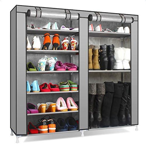 lapday 27-Pairs Portable Boot Rack, Double Row Shoe Rack Covered with Nonwoven Fabric,Space Saving Closet Shoe Cabinet Tower (Gray)