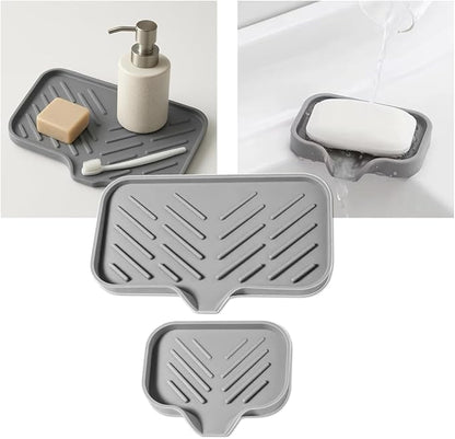 Silicone Soap Tray, Soap Dish with Drain Spout, Bathroom and Kitchen Sink Counter Organizer, Sponge Holder, Perfect for Dispenser, Scrubber, Bottle, Cup on Sink or Counter - Large and Small Set
