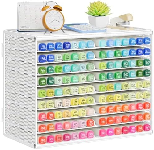 Marbrasse Mesh Marker Organizer, Metal Desktop Storage Rack for 126 Markers, Pens, Pencils, 9 Tier Marker Holder for Office Classroom & Home Art Supplies(White) by Marbrasse