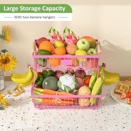 2 Tier Fruit Basket for Kitchen Counter with 2 Banana Hangers, Countertop Metal Fruit Bowl with Wooden Handle, Large Storage Stand for Vegetables, Snacks, Breads, Produce Storage – Rose Pink - Image 3