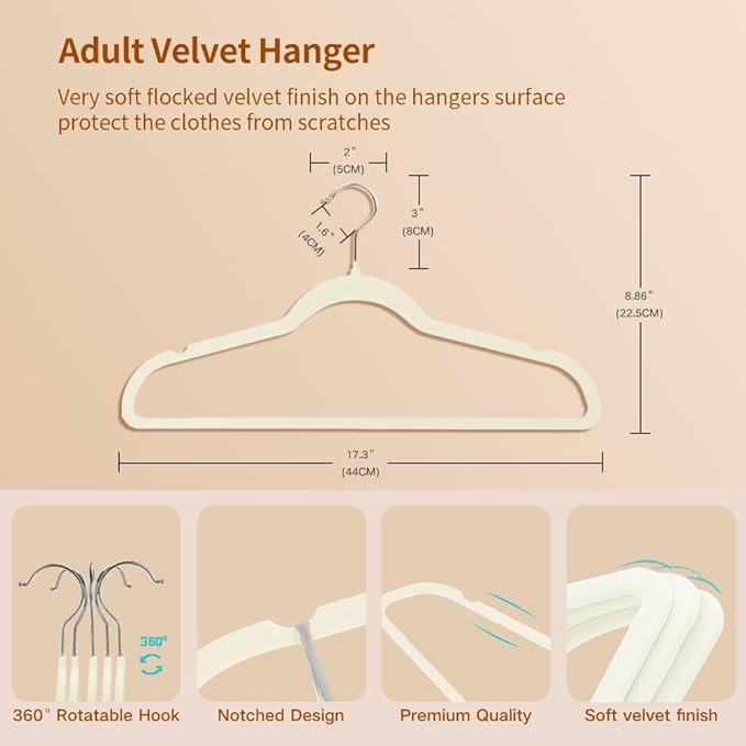 Stormix 36 Pack Velvet Hangers, 17.3 x 8.9 Inches Clothes Hangers, Non Slip Dresses Hangers with Shoulder Notches for Adult Cream