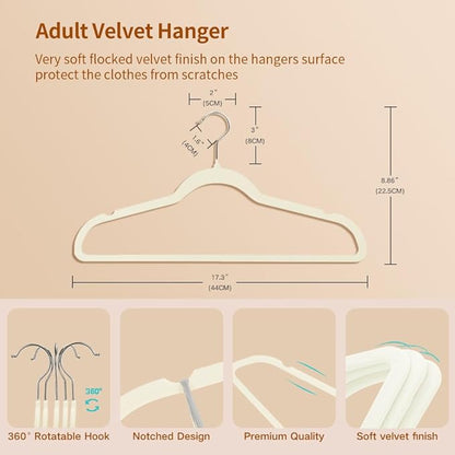 Stormix 36 Pack Velvet Hangers, 17.3 x 8.9 Inches Clothes Hangers, Non Slip Dresses Hangers with Shoulder Notches for Adult Cream