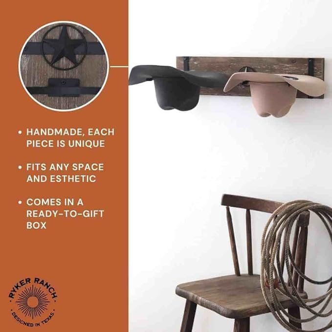 Ryker Ranch Cowboy hat Rack for Wall | Western hat Rack | Rustic Wood and Metal Cowboy hat Hanger