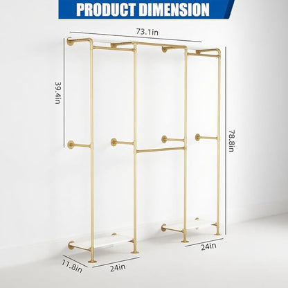 KaKaBB Industrial Pipe Clothing Rack with Shelves, Wall Mounted Gold Corner Clothes Rack, Adjustable Closet System for Walk in Closets, Heavy Duty Metal Garment Organizer (73" W x 84" H)