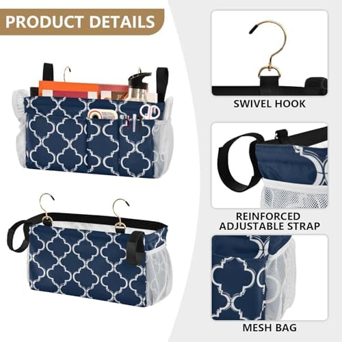 Bedside Caddy Hanging Bunk Bed Caddy Bed Organizer Hanging Pocket with 2 Hooks Bedside Storage Organizer Pocket Bag Holder Navy Blue Geometric Quatrefoil - Image 5