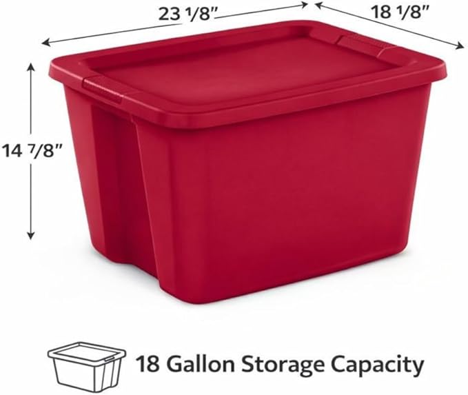 18 Gallon Plastic Storage Tote with Secure Snap-On Lid, Stackable Storage Bin for Linens, Seasonal Decor, Keepsakes & Home Organization (Red)