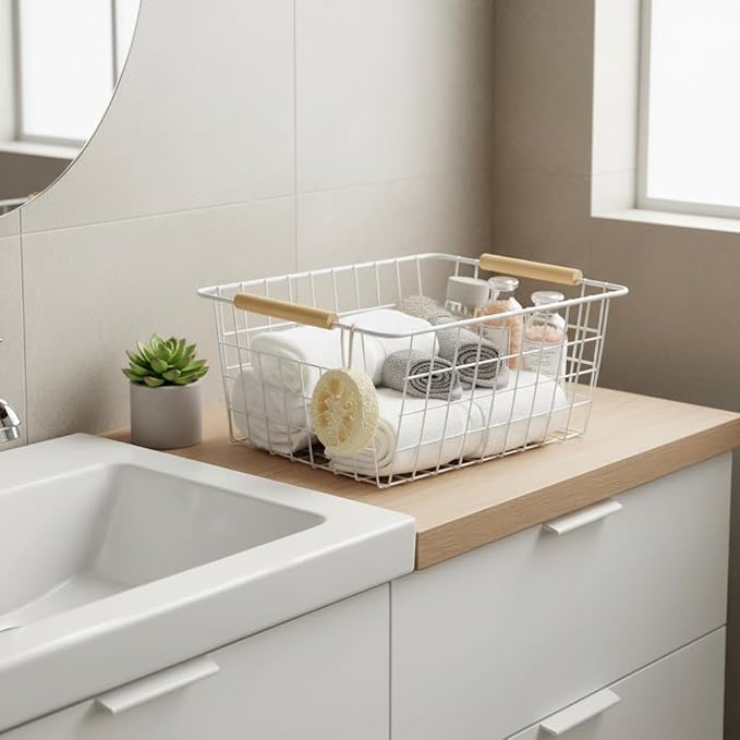 4 Pack White Metal Wire Food Storage Basket Organizer with Wooden Handles for Organizing Kitchen Cabinets Large