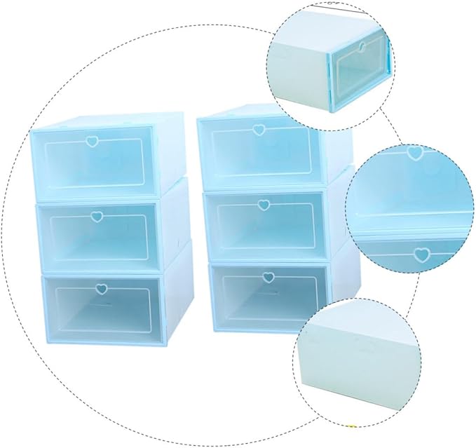 TOYANDONA 6Pcs Plastic Drawer-type Shoes Storage Boxes for Women Transparent Heart Pattern Shoe Organizers with Clamshell Lid Stackable and Reinforced Design Blue