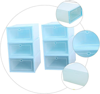 TOYANDONA 6Pcs Plastic Drawer-type Shoes Storage Boxes for Women Transparent Heart Pattern Shoe Organizers with Clamshell Lid Stackable and Reinforced Design Blue