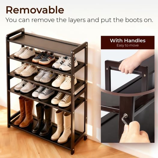 Bamboo Wooden Shoe Rack, Shoe Organizer with Smooth Painted Surface Finishe, Space-Saving Shoe Shelf for Entryway, Living Room, Bedroom (Dark, 6-Tier-27x10x36in)