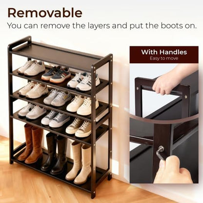 Bamboo Wooden Shoe Rack, Shoe Organizer with Smooth Painted Surface Finishe, Space-Saving Shoe Shelf for Entryway, Living Room, Bedroom (Dark, 6-Tier-27x10x36in)