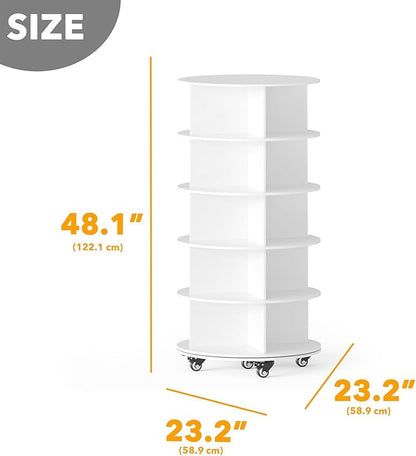 SpaceAid Spinning Shoe Rack with Wheels, 5 Tier Rotating Organizer Shoe Tower Lazy Susan with Thick Bottom, 360 Display Revolving Storage Shelf, Round Circular Rotate Organization, White