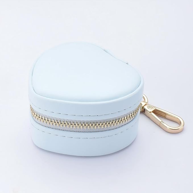 Heart Shape Ring Holder Keychain, Mini Travel Jewelry Case for Wedding Ring, Sports & Vacation, Portable Zipper Clutch Organizer for Earrings Necklace, Premium Gift for Women Girls (Blue)