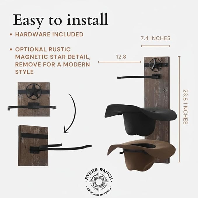 Ryker Ranch Cowboy hat Rack for Wall | Western hat Rack | Rustic Wood and Metal Cowboy hat Hanger