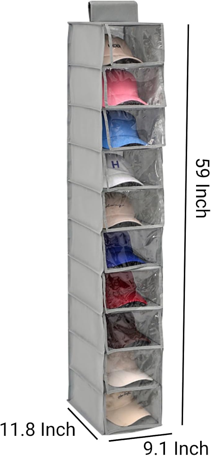 Hat Organizer Hanger, Hat Rack for Baseball Caps, Hanging Closet Organizer with 10 Pockets & Cover, Foldable Hat Storage Hanger Holder for Closet, Shelf (Grey)