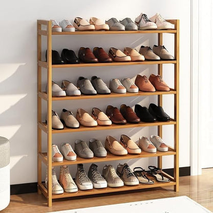 6 Tiers Shoe Rack Natural Bamboo Shoes Shelf Storage for Hallway Entryway Closet Wooden Stackable Shoe Organizer (Style A)