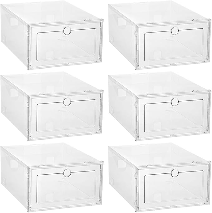 SOLUSTRE Sneaker Storage Boxes 6pcs Stackable Plastic Shoe Storage Containers Front Drawer Design Dustproof and Moisture-resistant Shoe Organizer for Closet