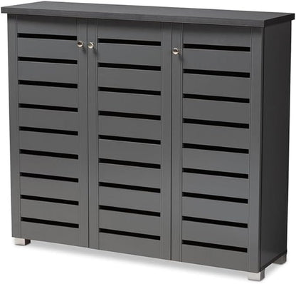 BOWERY HILL 3-Door Wood Entryway Shoe Cabinet, Dark Gray Finish, Engineered Wood Construction, Ventilated Slatted Doors, Holds 20 Pairs, Contemporary Style Shoe Storage for Entryway or Hallway Use