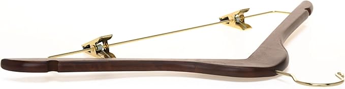 Quality Wooden Skirt Hangers with Clips - 20 Pack Walnut Pants Hangers with Adjustable Gold Metal Clips, Swivel Hook for Coats, Jackets, Blouses, Suits
