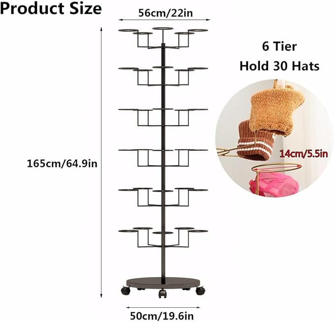 6 Tier Baseball Hat Organizer, Standing Hat Rack Stand, Cowboy Hat with 30 Hooks, Floor Hat Display for Home Store Vendors(Gold,6 Tier)
