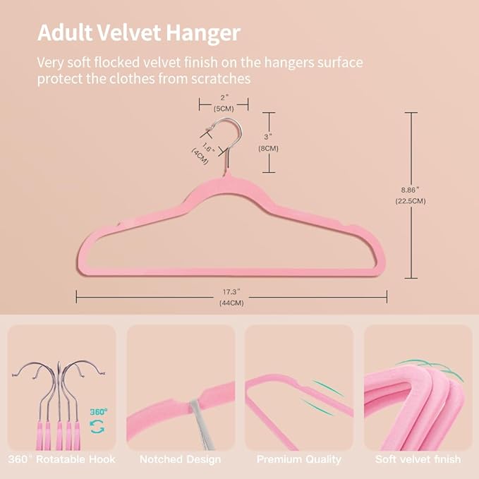 Stormix 52 Pack Velvet Hangers, 17.3 x 8.9 Inches Clothes Hangers, Non Slip Dresses Hangers with Shoulder Notches for Adult Rose