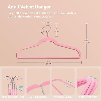 Stormix 52 Pack Velvet Hangers, 17.3 x 8.9 Inches Clothes Hangers, Non Slip Dresses Hangers with Shoulder Notches for Adult Rose