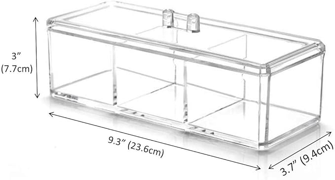 Square Acrylic Cotton Ball Pads Gauze Swab Holder Organizer Q-tip Dispenser Storage Canister Bathroom Container Flossers Box Case (9.3x3.7x3 in, 1 Tier, 3 Partitions, Transparent)
