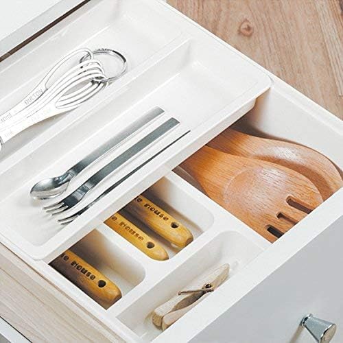 HornTide 3-in-1 Cutlery Tray, Expandable Utensils Holder, Plastic Kitchen Drawer Organizer for Silverware Storage and More - White