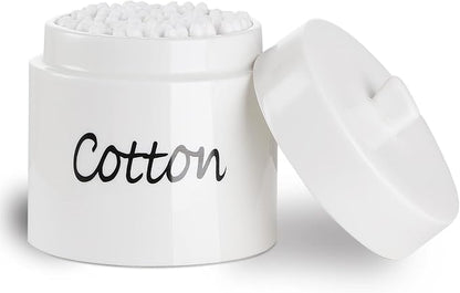 LEETOYI Ceramic Cotton Swabs Holder Organizer with Lid,Storage Canisters for Cotton Swabs, White