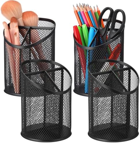 Sherr 4 Pack Mesh Pencil Holder Metal Pen Cup for Desk Round Pen Holder with 3 Compartments Desktop Pencil Organizer for Office Home School Tabletop by Sherr