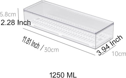 Transparent Flatware Tray Kitchen Drawer Organizer With Lid - Plastic Kitchen Cutlery Tray and Utensil Silverware Storage Container with Cover - Dinnerware Holder for Spoons Forks Knives