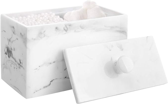 Luxspire Cotton Swab Holder, Qtip Holder Dispenser with Lid, 2 Compartments Cotton Ball Organizer, Bathroom Container for Cotton Round, Floss, Marble Bathroom Accessories - Ink White