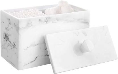 Luxspire Cotton Swab Holder, Qtip Holder Dispenser with Lid, 2 Compartments Cotton Ball Organizer, Bathroom Container for Cotton Round, Floss, Marble Bathroom Accessories - Ink White